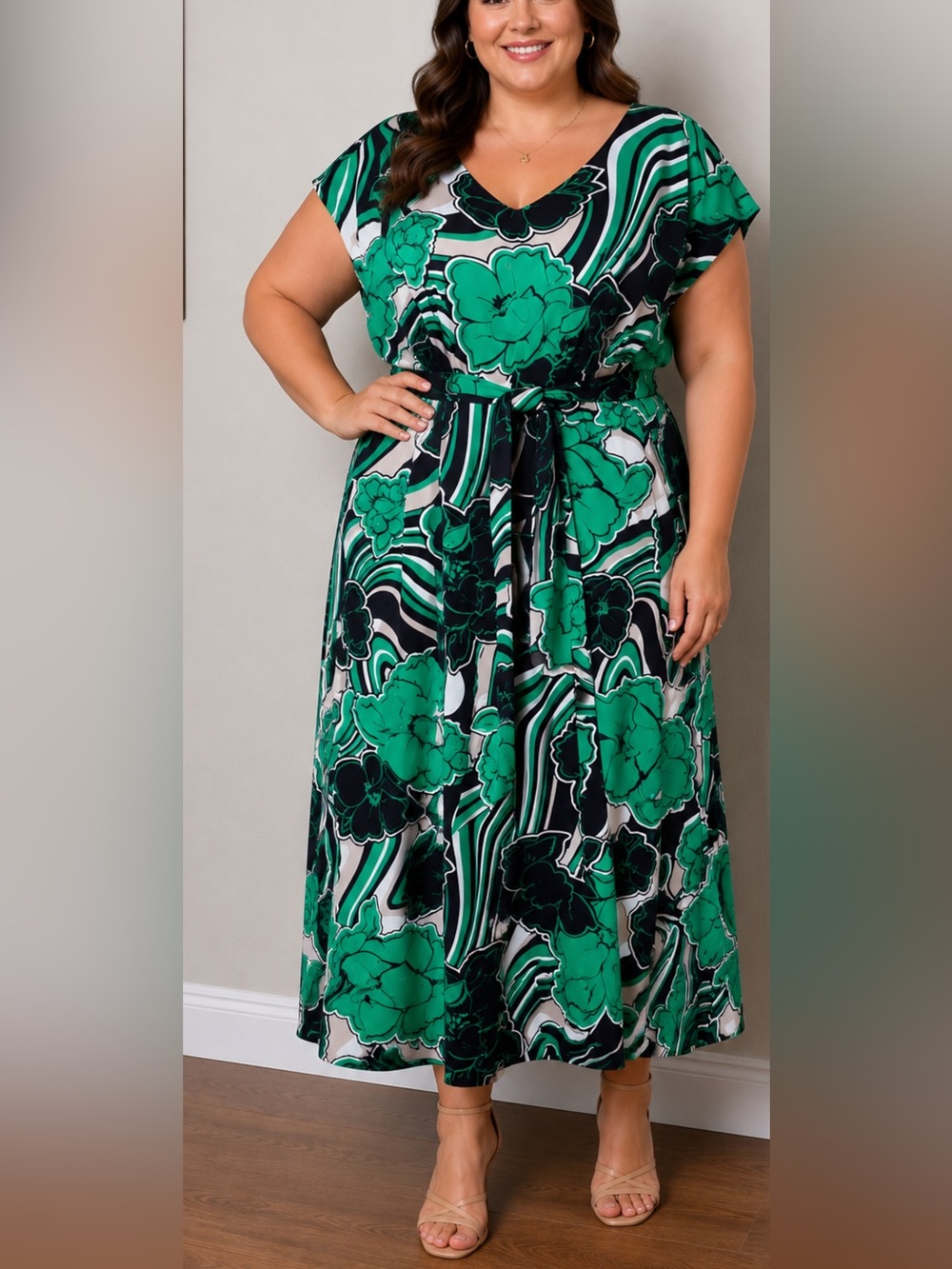 Anne Klein Green Floral Belted Midi Dress Women Size 16 Cap Sleeve Elegant